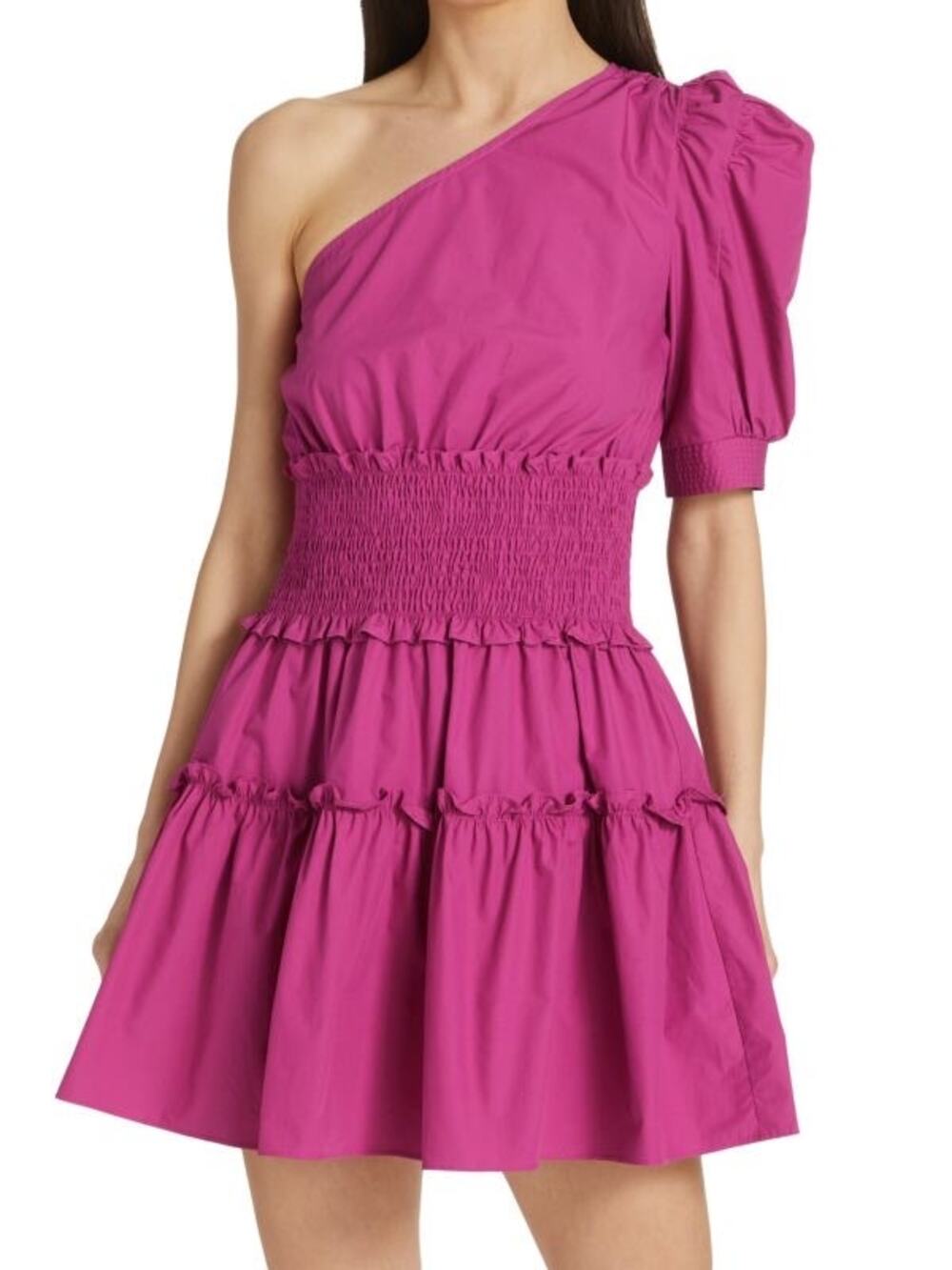 En Saison Celia Pink One Shoulder Puff Sleeve Smocked Mini Dress Size Medium